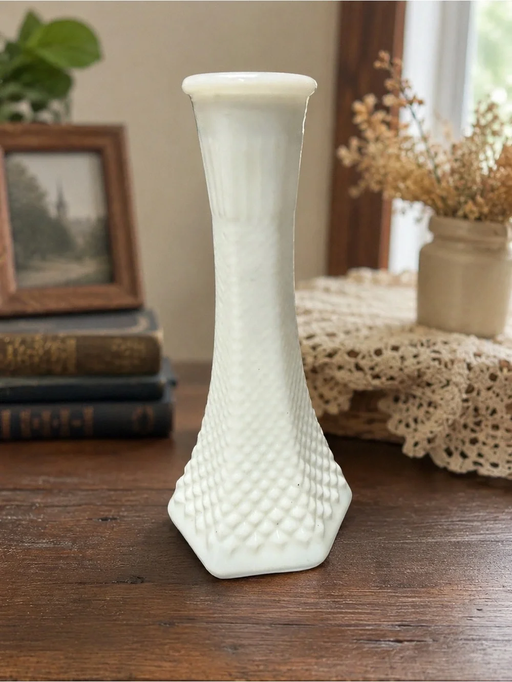 Vintage Hoosier Glass 4063C White Milk Glass Bud Vase Diamond Hex Base